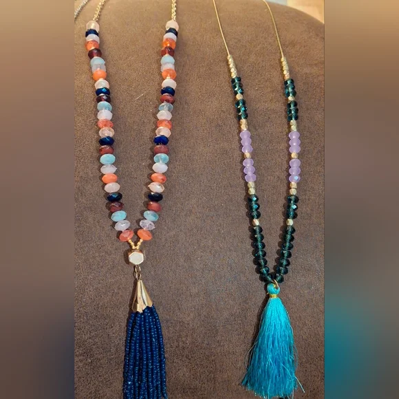 Two facet stone bead tassel  necklaces boho Chic colorful long - Picture 4 of 5
